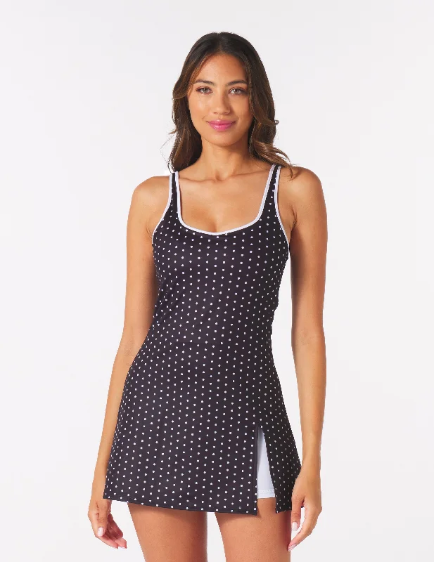 Long-sleeve swimwear for women -Sculpt Dress: Black/White Polka Dot