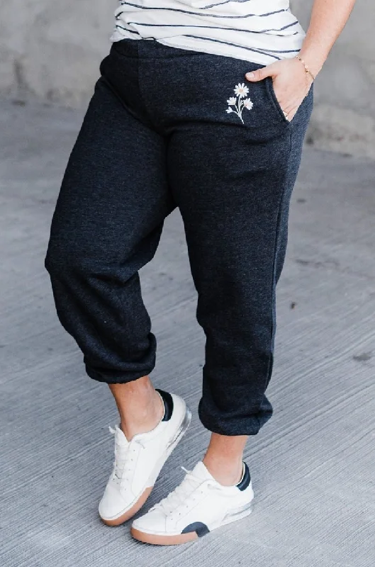 Sports pant with ankle cuffs -Embroidered Daisy Joggers