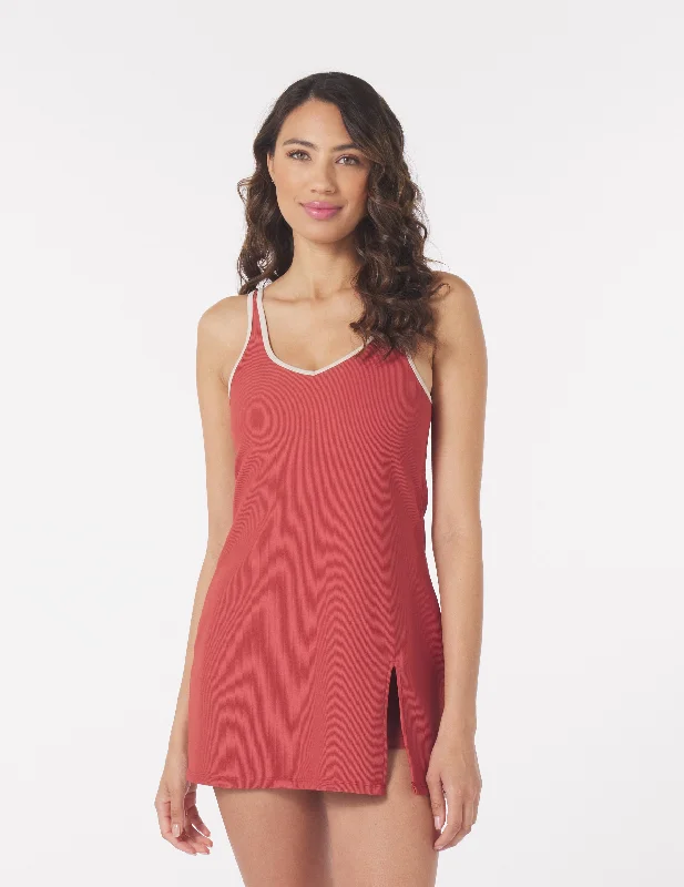 Swimwear with UV block -Sculpt Dress: Brick Red/Oatmilk Trim