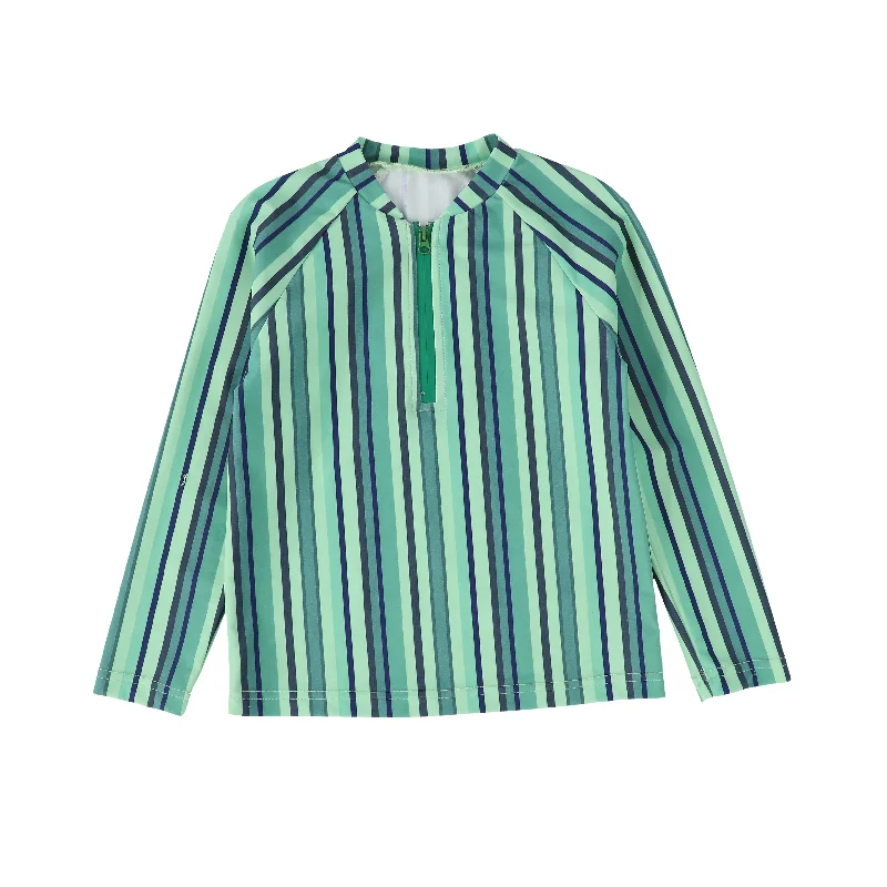 Swimwear for plus-size beach -WATER CLUB GREEN STRIPED ZIP SWIM TOP [FINAL SALE]