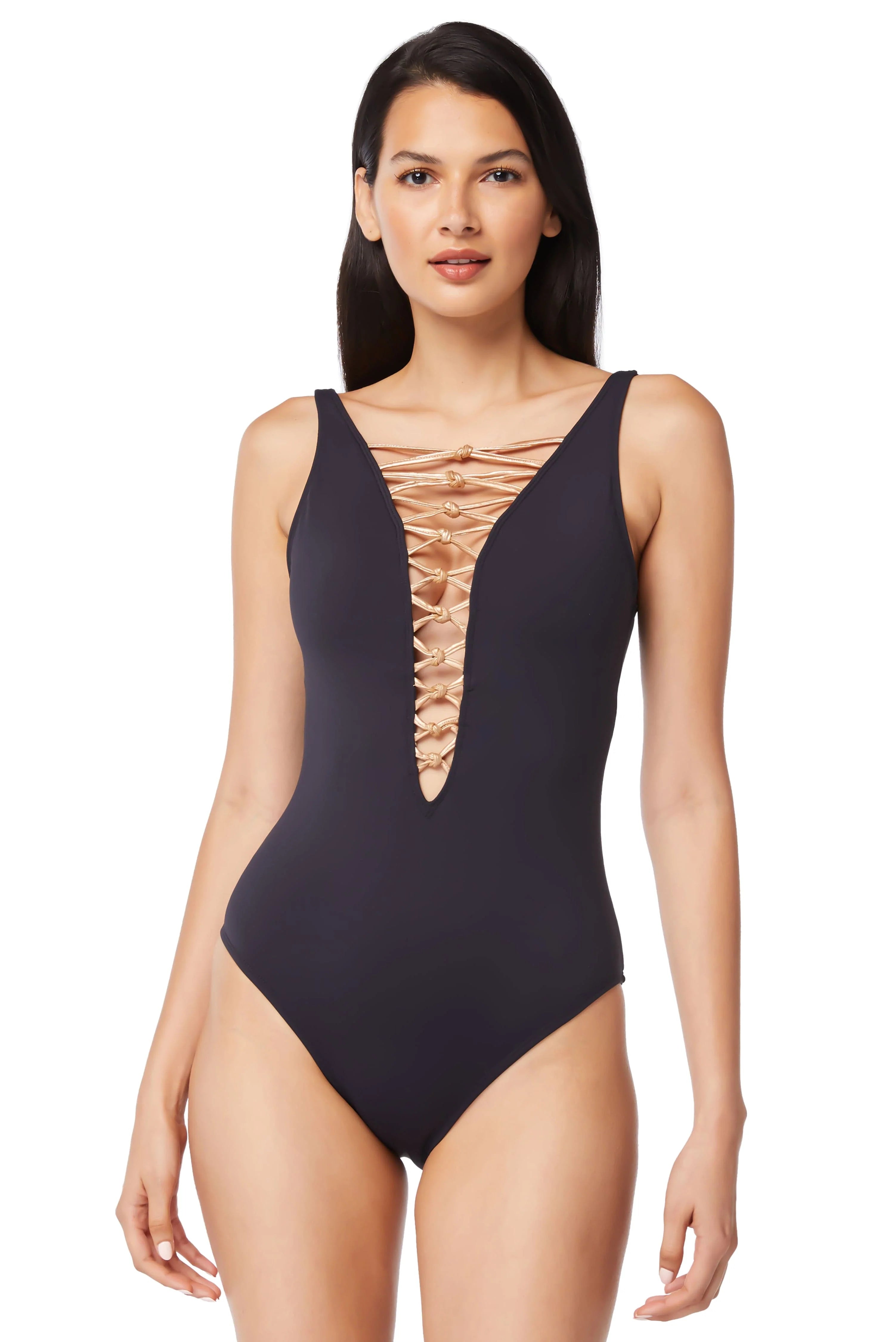 Plus-size swimwear for curves -Bleu Rod Beattie Kore Black High Neck Lace Down One Piece