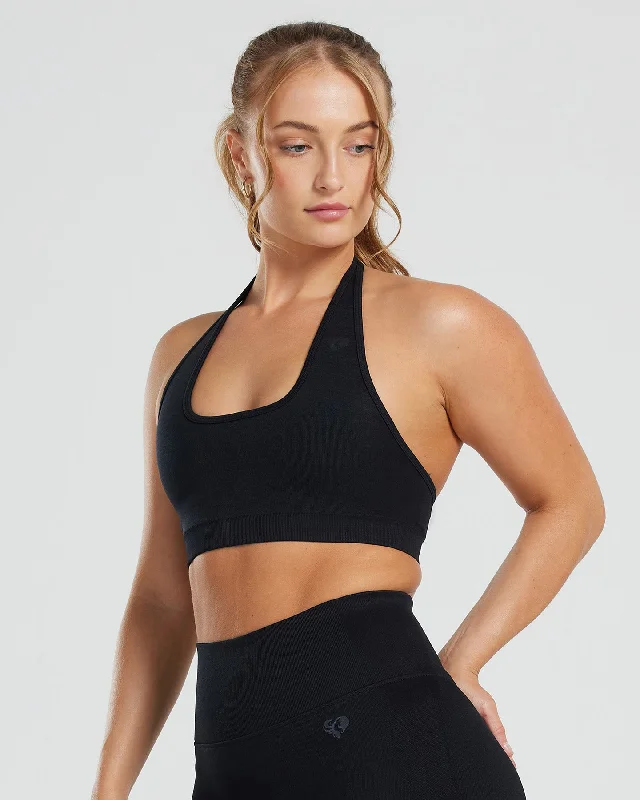 Sports bra with comfy straps -Motion Seamless Halter Bra | Black