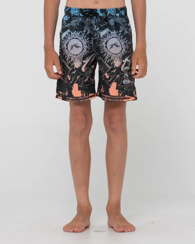 Sports shorts for gym sessions -Rusty Paste Up Printed Elastic Youth Boardshorts