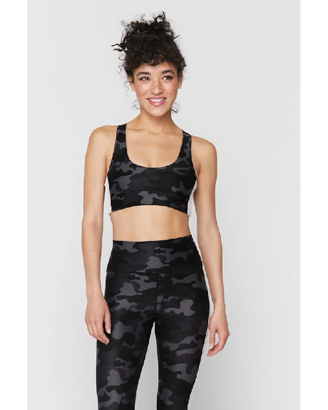 Sports bra with sleek design -Spiritual Gangster Studio Sports Bra with Stripe - Womens - Black Camo Print