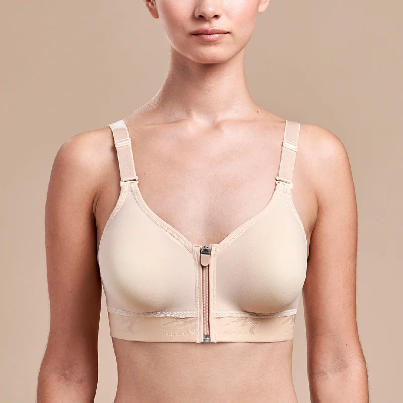 Sports bra for active cardio -Caress™ Ultra-Low Coverage Pocketed Zip-Front Bra - Style No. CAR-B09Z-01, CAR-B09Z-10, CAR-B09Z-11 - Beige