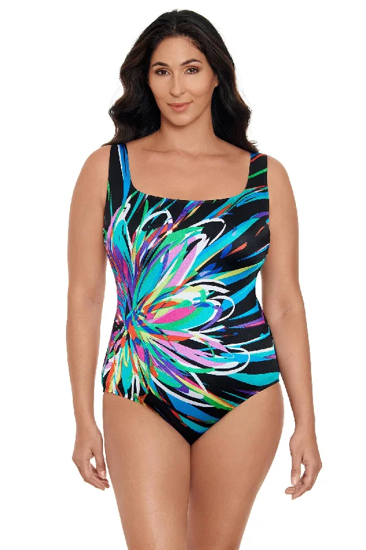 Swimwear with low neck -Longitude Floral Burst Scoopneck One Piece