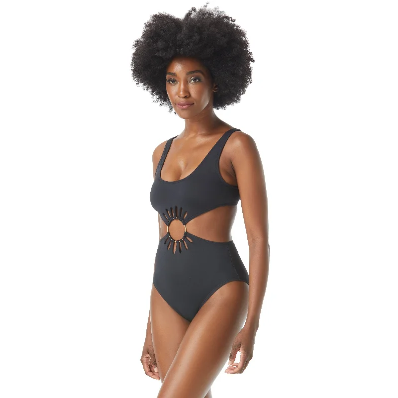 Swimwear with side ties -SALE Vince Camuto Serengeti Shades Black Logo Ring Cut Out Scoop Neck One Piece