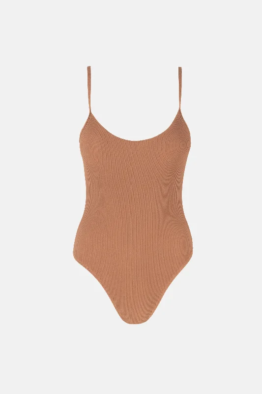 Swimwear with leaf pattern -Essential Rib Minimal One Piece Coffee