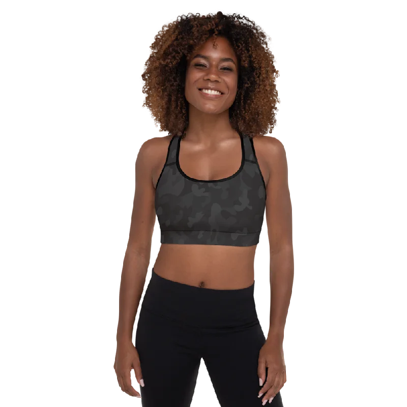 Sports bra with light padding -Black Camo Padded Sports Bra