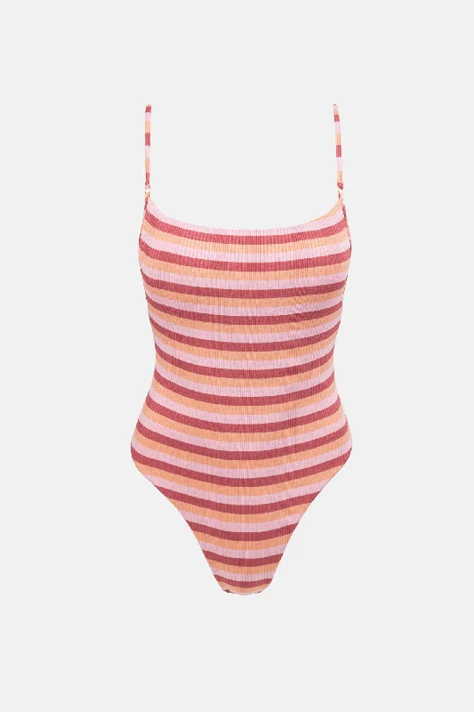 Bikini swimwear for beach -Ibiza Stripe Rib One Piece Pink