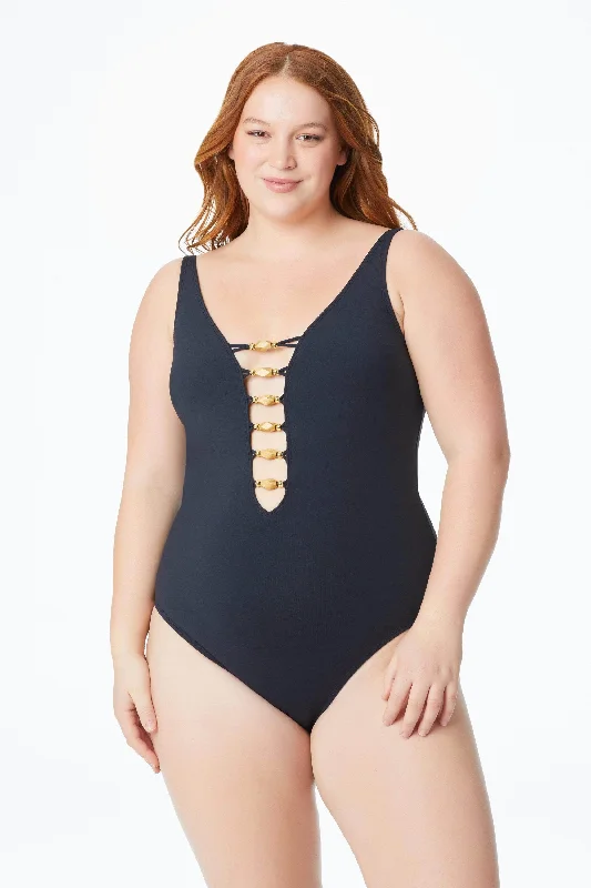 Swimwear with padded cups -Bleu Rod Beattie Plus Paradise Found Black Lace Down One Piece