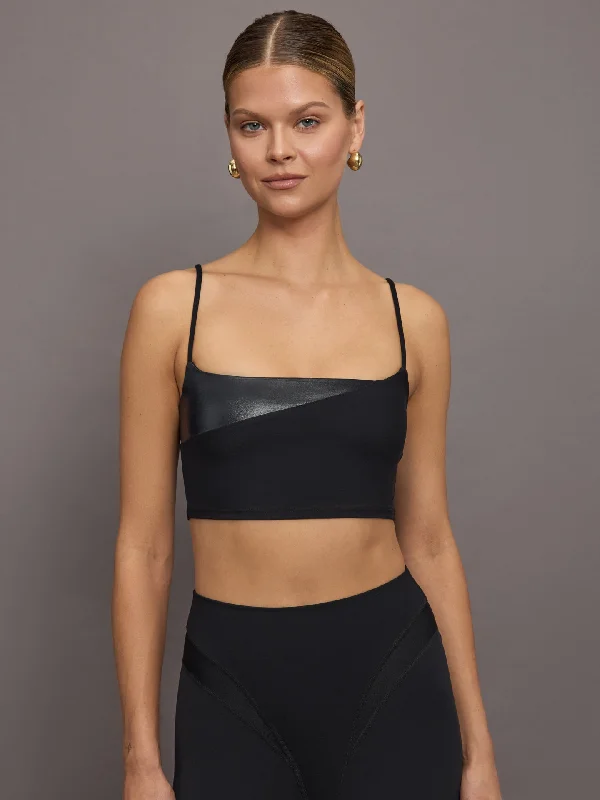 Sports bra with stylish back -Spliced Colorblock Shine Bra in Melt - Black