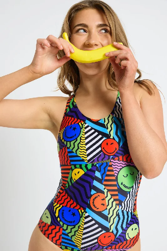 Swimwear for triathlon pool -Thick Strap Racer in SmileyWorld Geometric