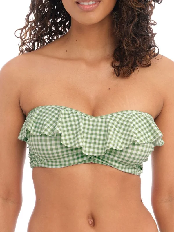 Swimwear with deep neckline -Check In Bandeau Bikini Top - Khaki