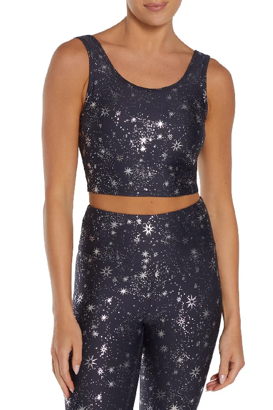 Sports bra for running trails -Marley Long Sports Bra - Graphite Foil Starry Night