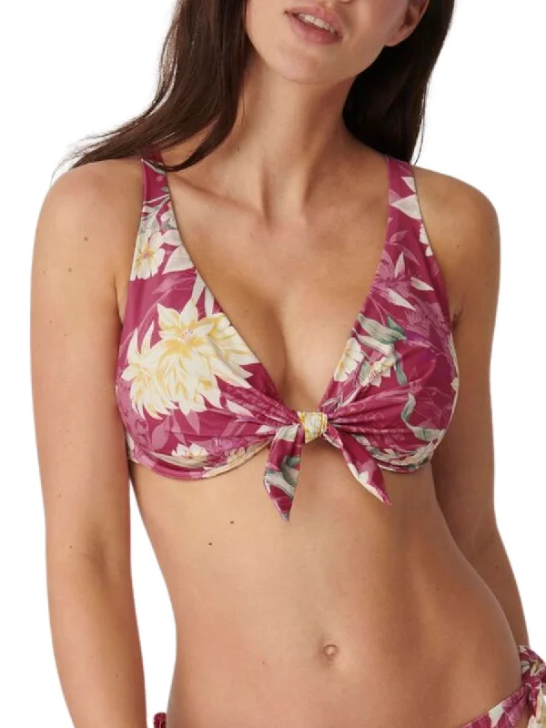 Swimwear with thin stripes -Botanical Leaf Plunge Bikini Top - Pink/Light Combination