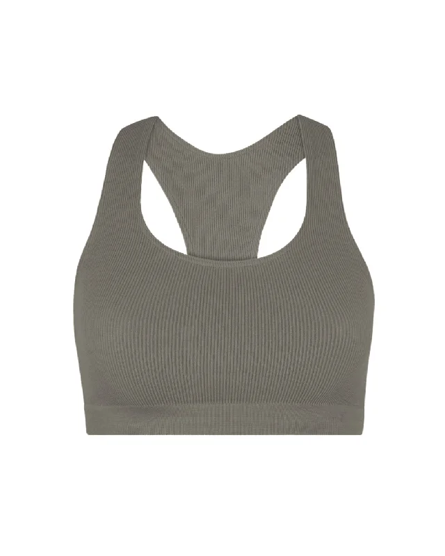 Sports bra with fun straps -RIBBED ELATED Bra Top | Muddy Grey