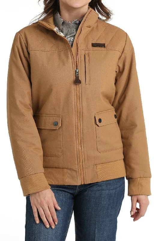 Sports jacket with stretch hood -Women's Canvas Bomber Jacket - Brown - (MAJ9901001)