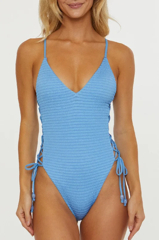 Swimwear with v-neck -Isabella Rose Maza Provence Blue Plunge One Piece