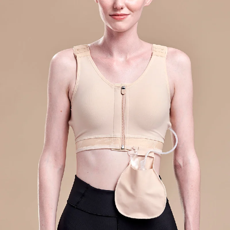 Sports bra with trendy straps -Caress™ Pocketed Drain Bulb Management Bra - Style No. CAR-B19-01, CAR-B19-10, CAR-B19-11