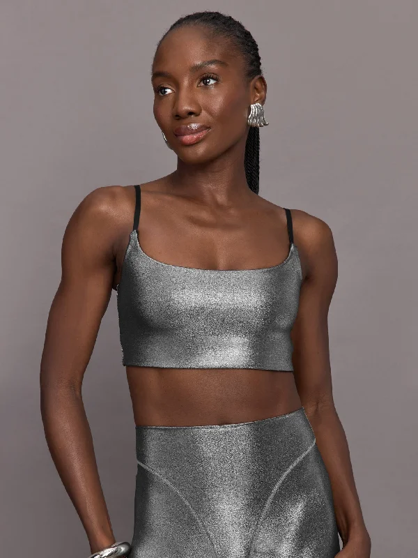 Sports bra with secure design -Liquid Metallic Scoop Bra - Metallic Silver