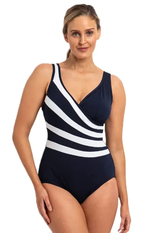 Sports tank top for active cardio -Pool Proof Vogue Fan Splice Tank One Piece - Navy