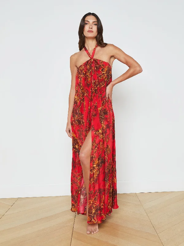 Pink swimwear for pool -Gevena Silk-Blend Halter Maxi Dress