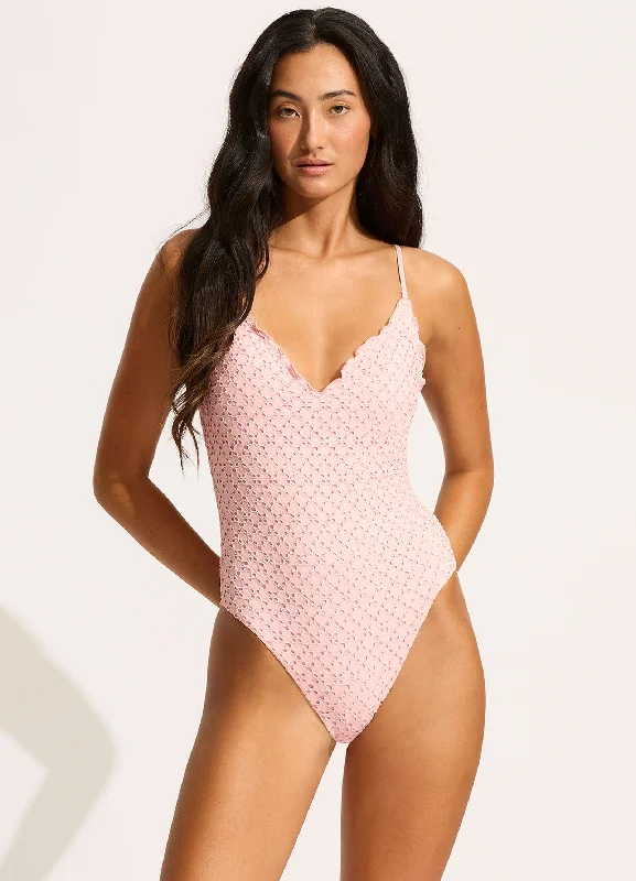 Stretchy swimwear for pool -Daydreamer V Neck One Piece - Dusty Pink