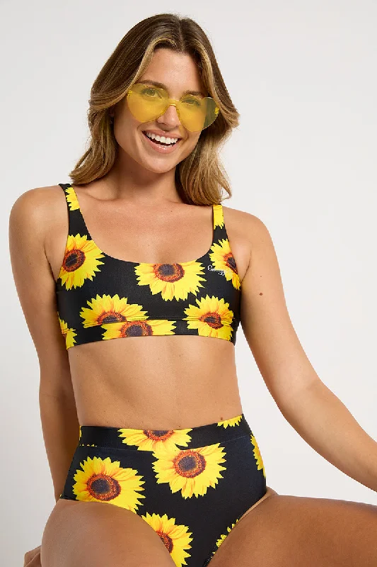 White swimwear for women -Palm Beach Top in Black Sunflowers