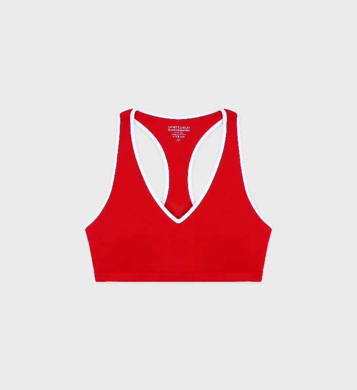 Sports bra with fun straps -Runner Box V-Neck Sports Bra - Sports Red/White