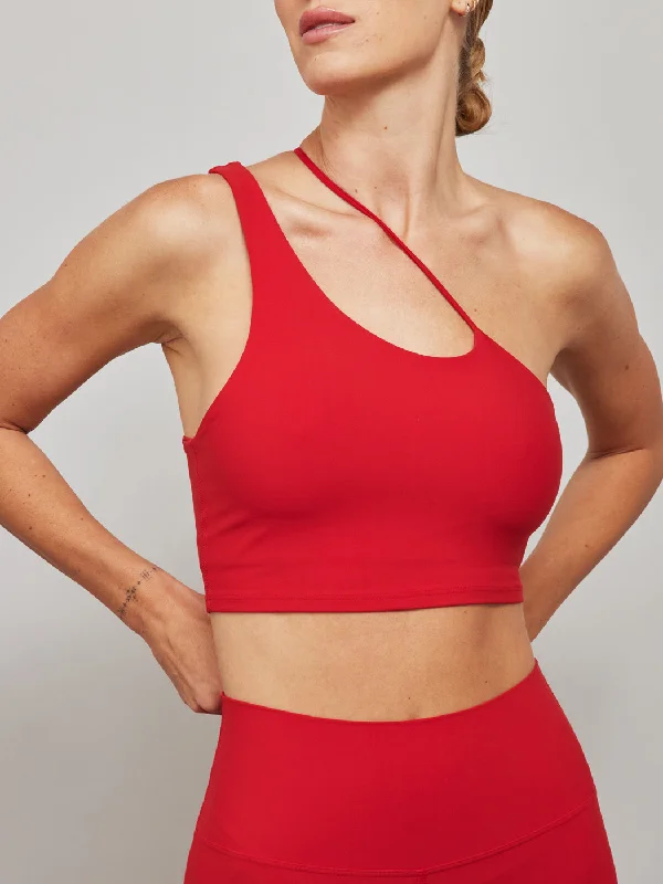 Sports bra for indoor sports -One Shoulder Convertible Bra Top in Melt - Haute Red