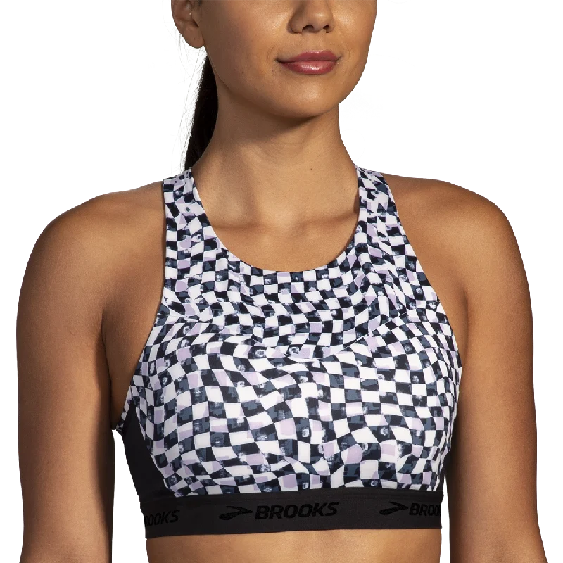 High impact sports bra for gym -Brooks Drive 3 Pocket Run Bra - Speed Check B/W