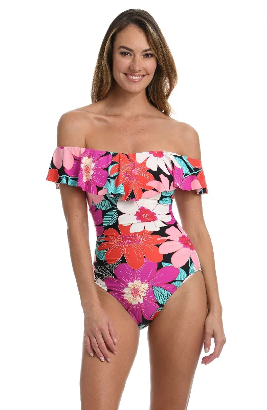 High-waisted swimwear for men -SALE La Blanca In Full Bloom Off The Shoulder Ruffle One Piece