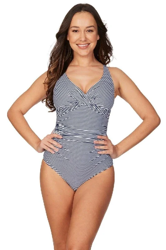 Navy swimwear for pool -Nip Tuck NG1150SON Sorrento Stripe Louise Crossfront  One Piece Navy