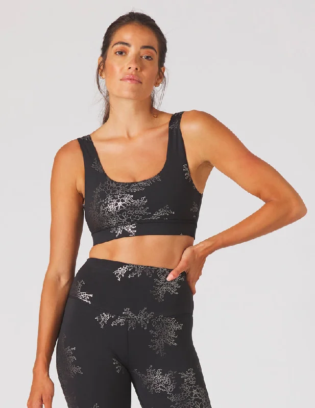 Sports bra for active runs -Splendid Bra: Black/Silver Gloss Lace Print