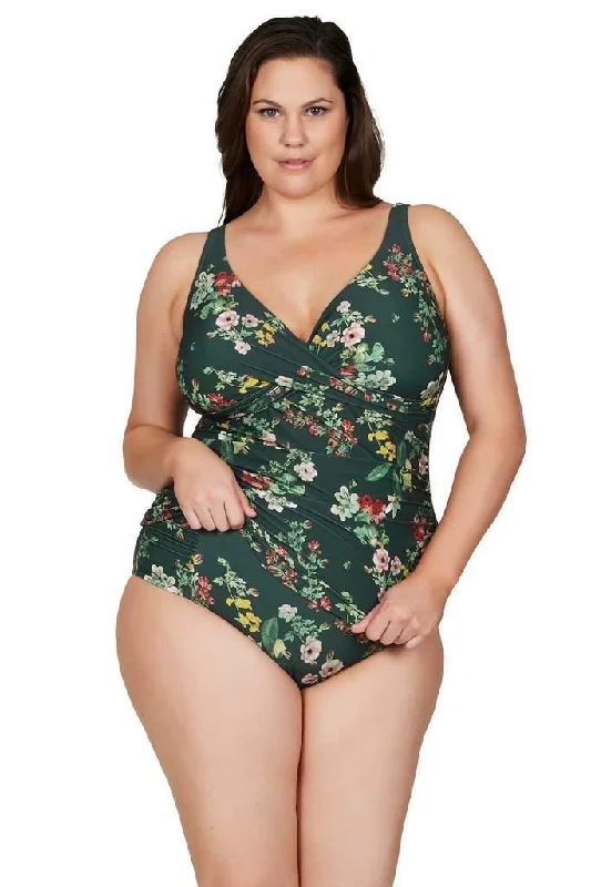 Long sports tank top for layering -Artesands AT3721NK Floral Green Tankini Plus Size