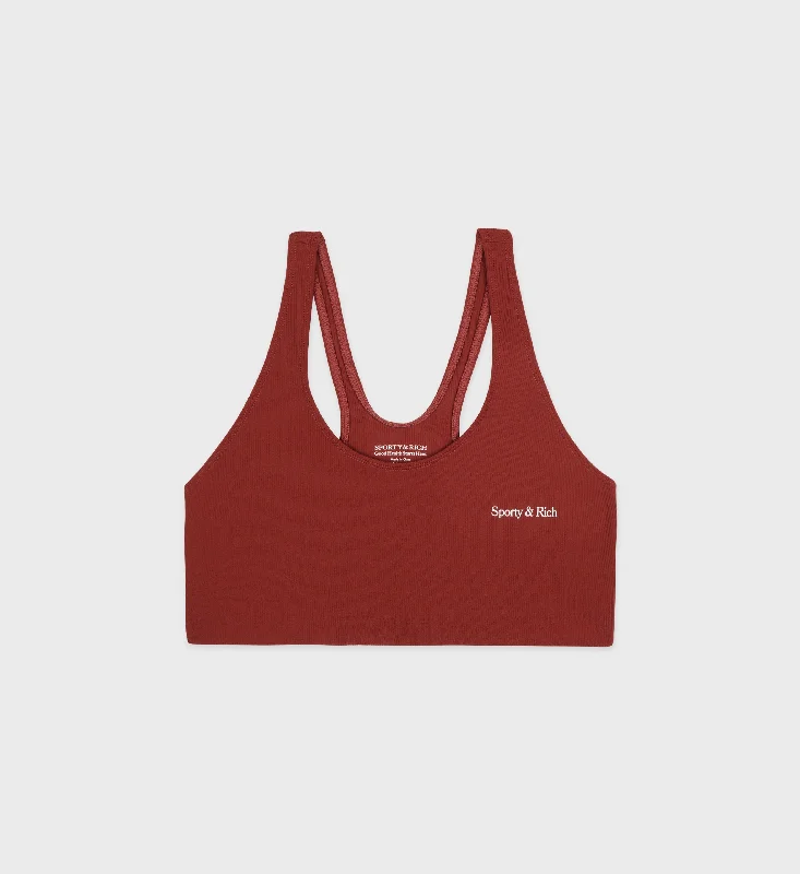 Sports bra for gym class -Serif Logo Ribbed Sports Bra - Maroon