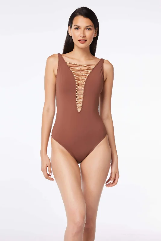 Short swimwear for men -Bleu Rod Beattie Let's Get Knotty Chocolate Truffle Lace Down One Piece