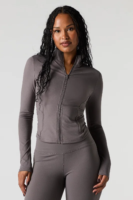 Sports top with trendy fit -Active Solid Zip-Up Long Sleeve Top