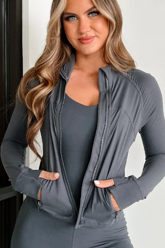 Sports top with unique straps -Catch My Breath Zip-Up Crop Jacket (Charcoal)