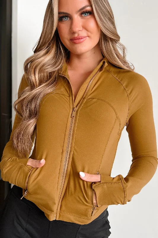 Sports top with bright print -Catch My Breath Zip-Up Crop Jacket (Gold Spice)