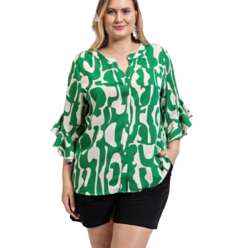 Sports top for yoga fitness -Geometric print ruffled bell sleeve woven top