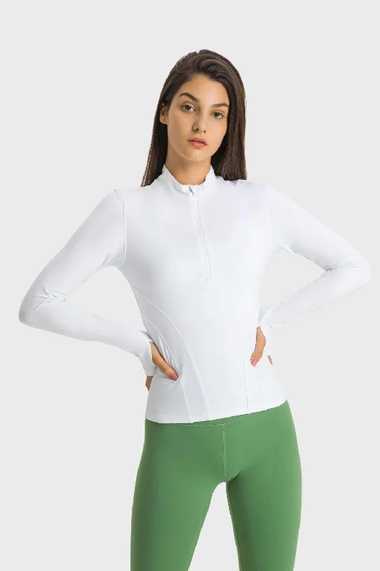 Sports top for yoga routines -Half Zip Thumbhole Sleeve Sports Top