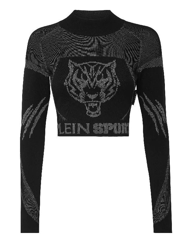 Sports top with trendy print -Knit Jacquard Cropped Top LS