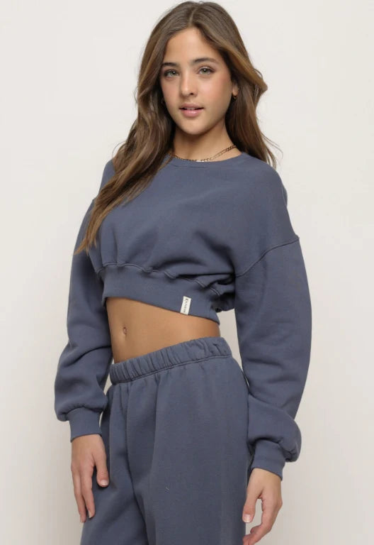 Sports top with bold straps -Ombre Blue Cotton Fleece Cropped Crewneck