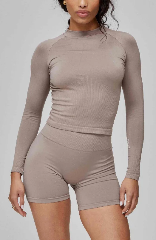 Sports top with firm fit -Timeless Ribbed Long Sleeve Top - Taupe Gray